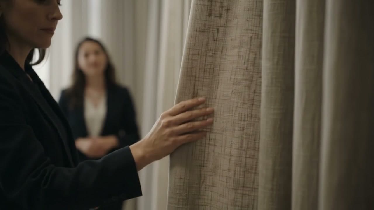 לקוחה נוגעת בבד פשתן של וילון באולם התצוגה של ELINOR, ברקע יועצת
